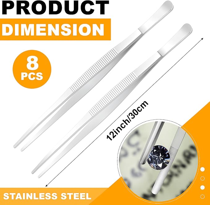 Yaomiao 8 Packs 12 Inch Bar Tweezers Silver Cocktail Tongs Long Garnish Tweezers Stainless Steel Bartender Kitchen Cooking Tongs for Cocktail Food Fruit Korean BBQ Bartender Chef, Multi-use