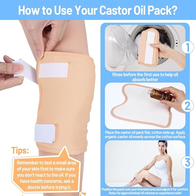 2 Pcs Castor Oil Pack Reusable Organic Castor Oil Pack Wrap Kit for Knees Legs Arms Adjustable Castors Oils Compress Pad, Anti-Oils Leak Design