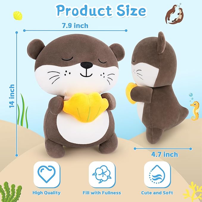 Achwishap Otter Stuffed Animal,Soft Otter Plush-14” Kawaii Birthday Gifts for Kids,Cute Plushies Animal Plush Toys Cuddle Pillow for Girls Boys Adults,Yellow Shell Plushies,Brown
