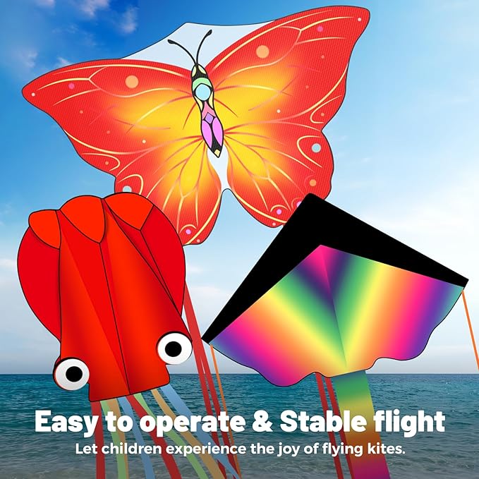3 Pack Large Kites, Easy to Fly Large Butterfly, Giant Red Octopus & Colorful Delta Kite for Beach Trip - Perfect Kites for Kids Ages 4-8 8-12, Gifts for Easter and Festival