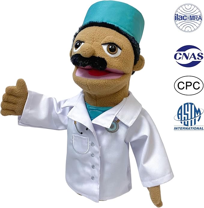 16" Puppets Entriloquist Puppet,Hand Puppets for Kids Plush Doctor Puppets for Adults with Removable Mouth Puppe t for Kids Ages 4-8，Hand Pupp et for Adults with Scalable Pup pet Control Rod