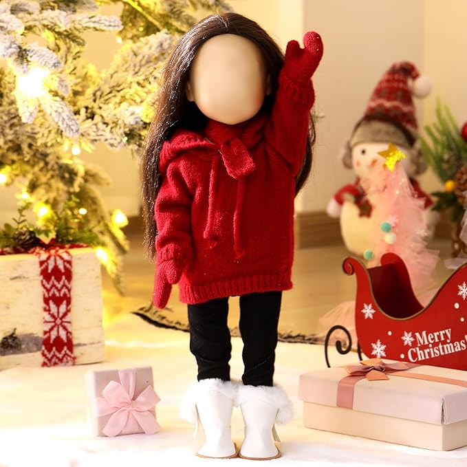 6 Pcs Christmas 18 Inch Doll Clothes and Accessories Winter Outfits Set Sweaters Trousers Hats Shoes for 18 Inch Doll Gift(Light Red,Smart Style)