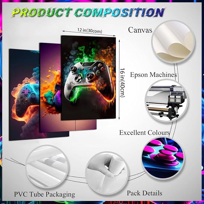 BGFCE Gaming Room Decor - Wall Art Set of 3, Video Gaming Theme, Unframed 12x16in Canvas Posters for Teen Boys Room