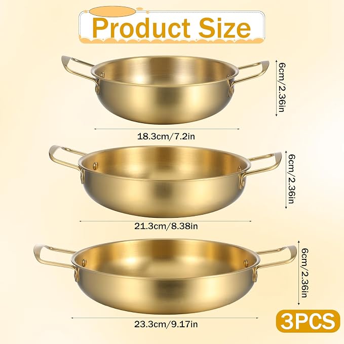 3 Pack Korean Ramen Noodle Pot with Handles, Korean Ramen Pot for Stove, Stainless Steel Everyday Pan, Golden Soup Pots, Golden Koreans Cooking Pots for Soup, Noodle, Pasta, 7.2", 8.4", 9.2"