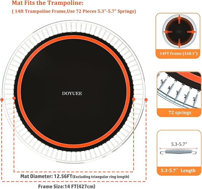 Trampoline Mat Replacement，12.56FT Diameter Mat with 72 Rings，Fits 14FT Steel Frame,Fits 5.3"-5.7" Springs， Excluding Springs and Frame