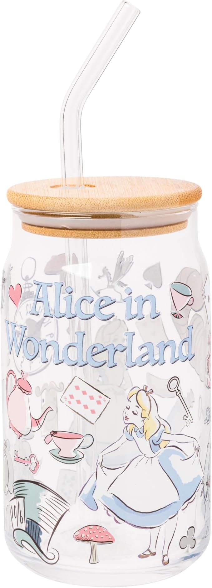 Silver Buffalo Disney Alice in Wonderland Glass Jar Tumbler with Bamboo Lid and Glass Straw, 16 Ounces