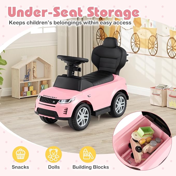Costzon Push Car for Toddlers, 3 in 1 Land Rover Discovery Stroller Sliding Walking Car with Handle, Horn Sound, Underneath Storage, Armrest Guardrail, Foot-to-Floor Ride On Toy for Boys Girls (Pink)
