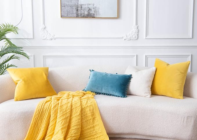 Yellow 22x22 Throw Pillow Covers Set of 2 Decorative Velvet Cushion Covers | Soft Pillow Cases with Invisible Zipper for Modern Couch Sofa Bed Living Room Bedroom Home Decor