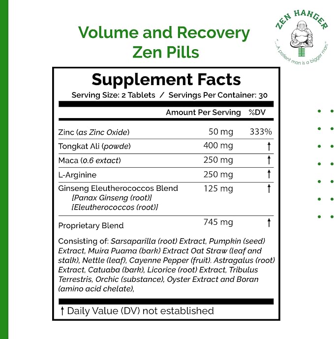 Zen Hanger Male Size Enhancement Pills (60 Count/Bottle, 2 Bottles) - Mens Supplement for Volume & Recovery After Enlargement Exercises - Penis Girth & Enlargement Pills