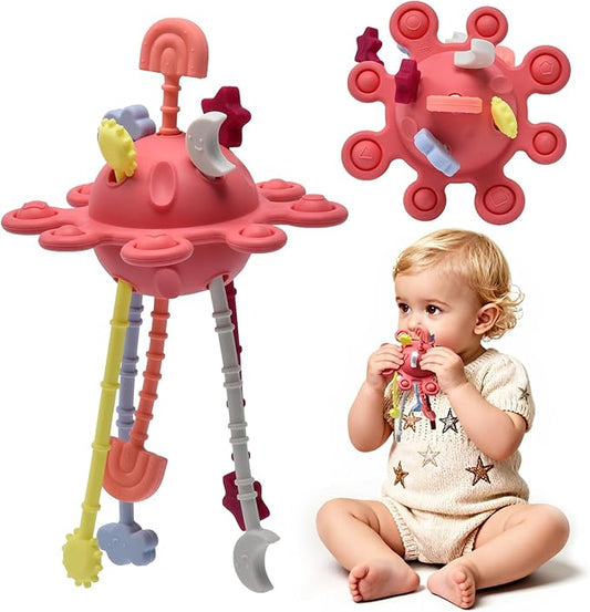 Little Rawr Silicone Baby Sensory Montessori Toys & Pull String Teething Toys for 18 M+, Toddler Birthday Gift Car Seat Airplane Travel Toy for 1 2 Year Old Boy Girl Infant 18+ Months Old (Red)