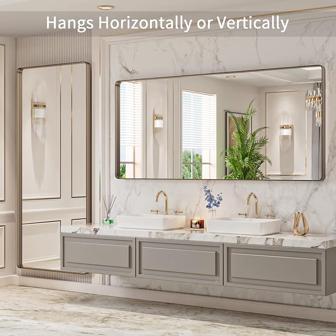 LOAAO 72"X32" Bronze Bathroom Mirror | Rounded Rectangle, Brushed Bronze Metal Frame, Anti-Rust, Tempered Glass, Hangs Horizontally or Vertically