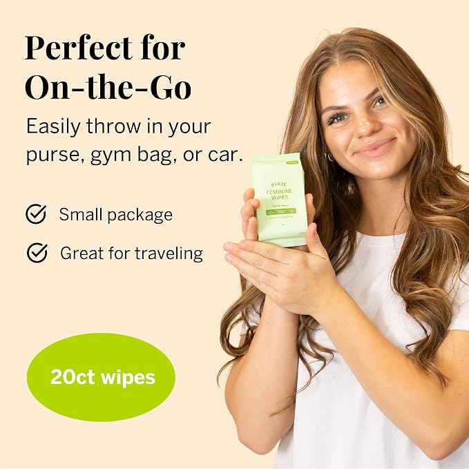 Pixie Feminine Wipes - On The Go Public Bathroom Wipes for Feminine Care - Safe On Period Cups & Menstrual Discs - Biodegradable, Flushable, pH Balanced & Unscented Menstrual Cup Wipes (20 Count)