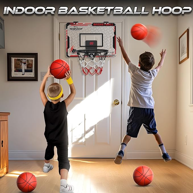 EagleStone Mini Indoor Basketball Hoop with Scoreboard,4 Balls & Pump,Over The Door Bedroom Office Basketball Hoop for 6 7 8 9 10 11 12+ Year Old Kids Boys