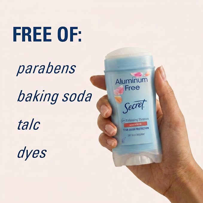 Secret Aluminum Free Deodorant for Women, 48hr Odor Protection, Free of Parabens Dyes Talc & Baking Soda, PH Balancing Minerals, Dry Solid, Rose Scent, 2.4 oz (Pack Of 3)