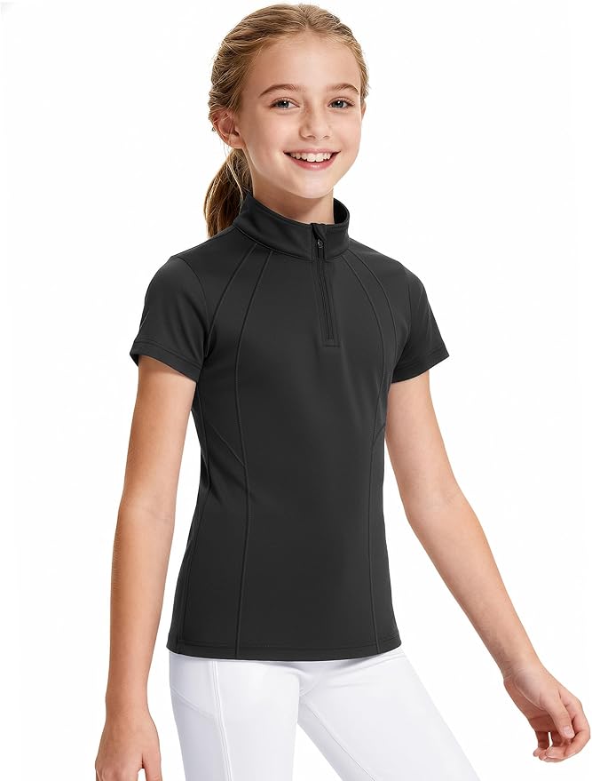 JOCMIC Girls Equestrian Shirt Short Sleeve Quick Dry Horse Riding Shirts Half Zip Horseback Show Shirt