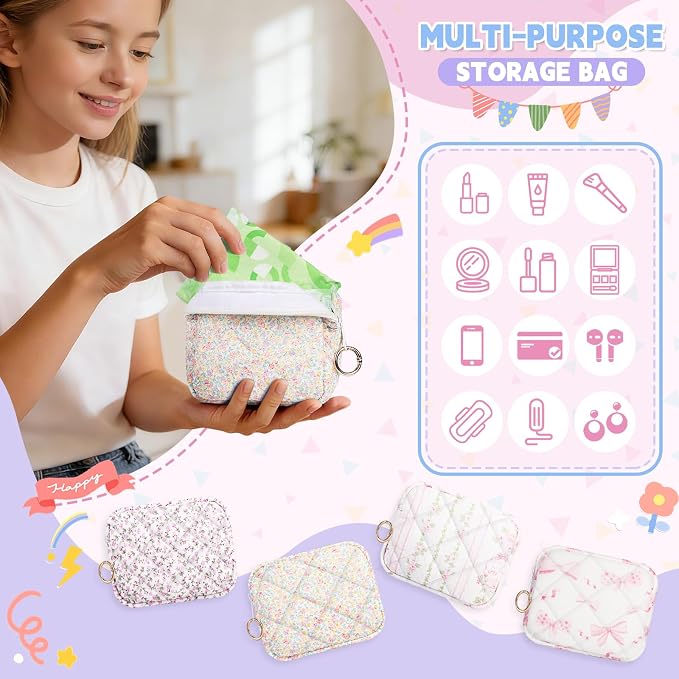 Period Bag for Teen Girls, Quilted Sanitary Napkin Storage Bag, Cute Menstrual Pad Pouch Tampon Holder (Pink Floral)