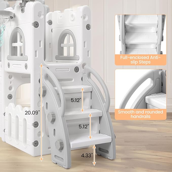 8 in 1 Toddler Slide Indoor Playground, Indoor Slide Toddler Playset for Toddlers 1-3, Kids Outdoor Playground with Basketball Hoop, Climber, Crawling Tunnel, Telescope, Toy Storage