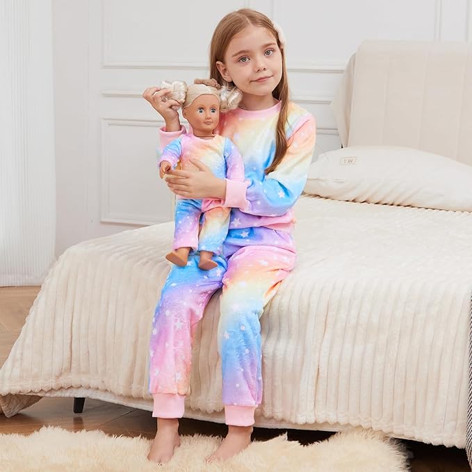 QPANCY Matching Doll & Girls Fleece Pjs Set kids Fall Winter Long Sleeve Sleepwear 2 Piece Pajamas