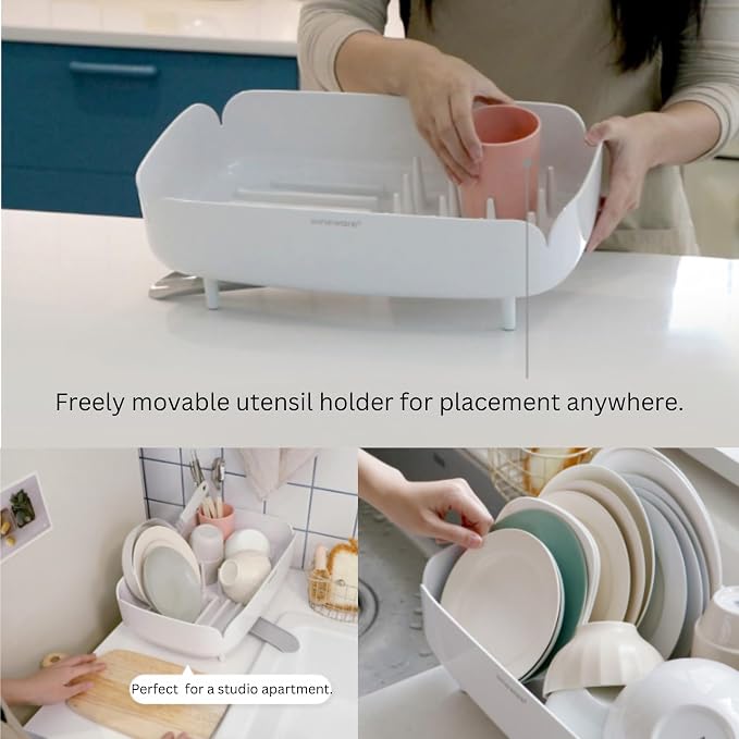 Small Dish Drying Rack for Kitchen Counter, Compact Dish Drainer with Drainage Spout & Spoon Holder, Space-Saving Drying Rack for Small Kitchens, Apartments & RVs, Made in Korea (Cream White)