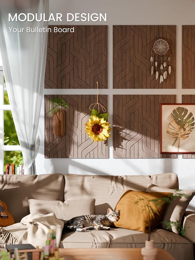 Fluxynara 6-Pack Large Felt Bulletin Board, Walnut Artistic | 70.87" x 47.24" Cork Board Alternative, Acoustic Wall Panels with 60 Adhesive Tabs for Recording Studios and Home Offices