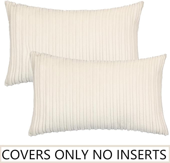 UGASA Pack of 2, Velvet Pillow Covers Striped, Soft Textured Throw Cushion Case Set, Accent Corduroy Lumbar Pillowcases with Hidden Zipper for Home Decor Indoor Outdoor (12"x20", Cream)