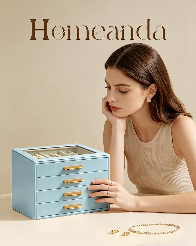 Homeanda Jewelry Boxes Organizer with Glass Lid, 4-Layer PU Leather, Blue | Modern style display case with 4 drawers for daily jewelry, women, mom or girl gift