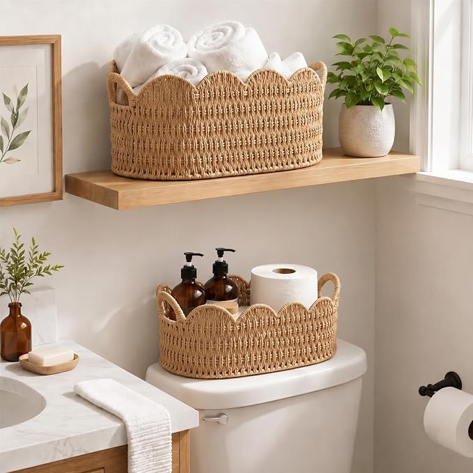 Coeusy Paper Rope Scalloped Basket Set of 2, Wicker Storage Baskets for Shelves,Gifts,Books,Toys,Cute Decor Rattan Baskets for Organizing,Natural Color