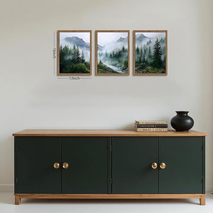Framed Forest Wall Art Set of 3, Misty Mountain Landscape Canvas Wall Decor Paintings, Nature Tree River Scenery Artwork Prints Pictures for Living Room Bedroom Office 12x16 Inch