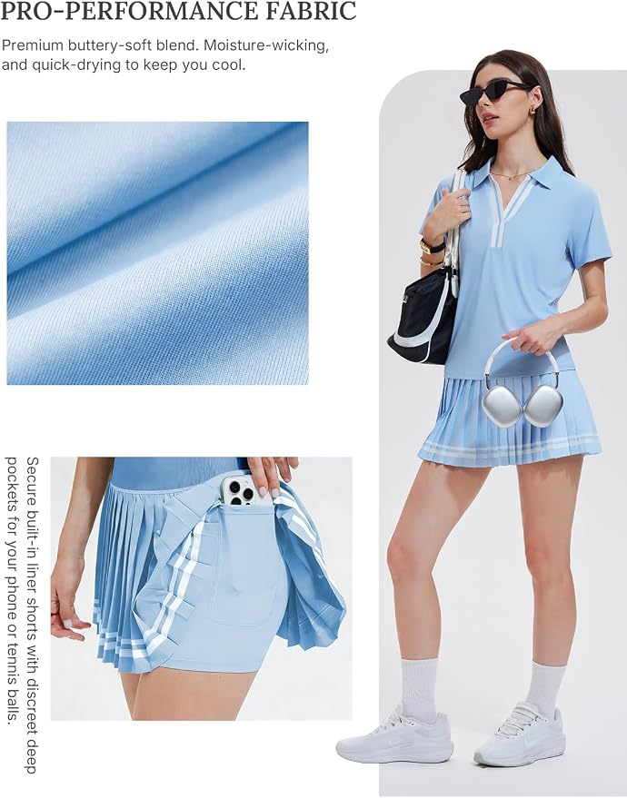 Women 2 Piece Tennis Skirt Set Pleated Golf Outfit, Polo V-Neck Athletic Dress Alternative Skort Set for Pickleball Pockets
