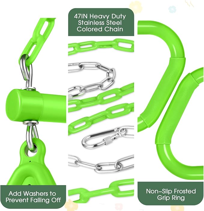 LadyRosian 17" Trapeze Bar Swing Set Gym Rings 47" Heavy Duty Chain Swing Set Accessories with Locking Carabiners Plastic Coated Chains Monkey Bars for Backyard, Playroom (Apple Green)