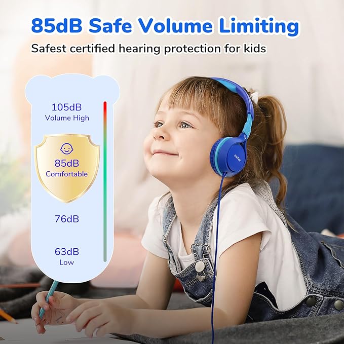 EarFun S1 Kids Headphones, Foldable Wired Headphones for Kids, 85dB Volume Limit, Stereo Sound, Adjustable Headband, Portable Lightweight On-Ear Headphone for School/Travel/Boys/Girls (Blue&Pink)