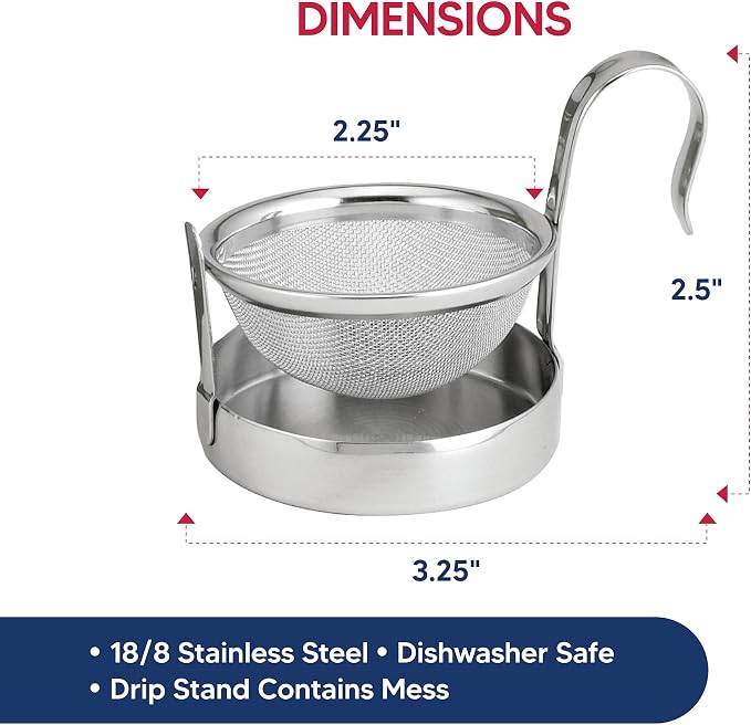 HIC Kitchen Tip Tea Strainer, 18/8 Stainless Steel, Loose Leaf Tea Filter With Drip Tray, Mess-Free Tea Serving