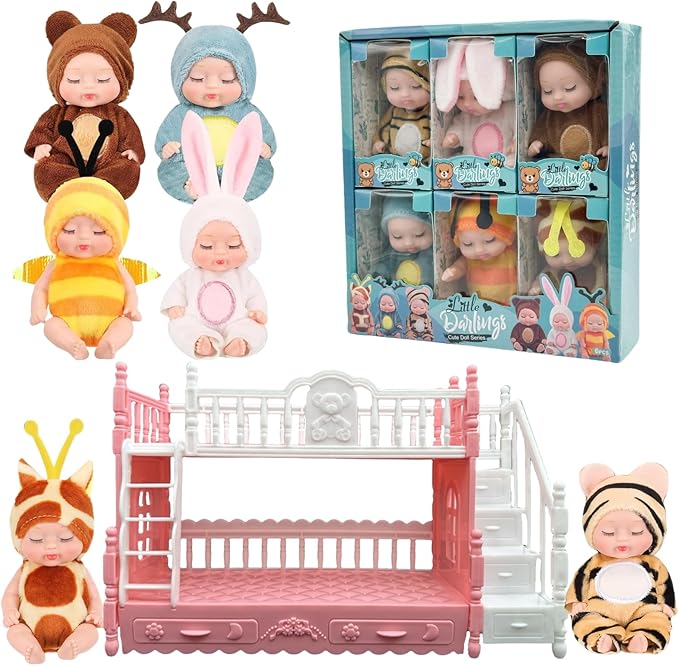 6 Pcs Adorable Mini Baby Dolls with Cute Animal Outfits & bunk Bed , Realistic Mini Babies & Dolls for Endless Fun(Style C)