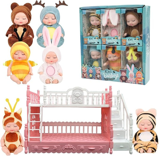 6 Pcs Adorable Mini Baby Dolls with Cute Animal Outfits & bunk Bed , Realistic Mini Babies & Dolls for Endless Fun(Style C)