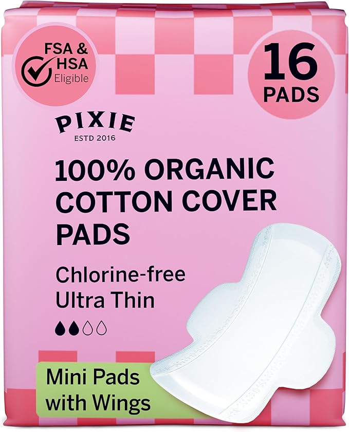 Pixie Organic Pads Ultra Thin Mini Cotton for Teens - Liners with Wings - Light Absorbency Menstrual Pads - Hypoallergenic, Unscented & Biodegradable for Feminine Care - FSA Eligible - 16 Count