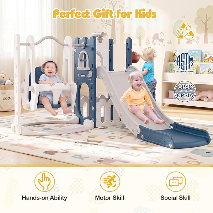 Costzon 7 in 1 Toddle Swing and Slide Set, Freestanding Toddler Slide Playset w/Swing, Basketball Hoop, Kids Slide for Toddler Age 1-3 Playground w/Storage Space, Gifts for Boys Girls (Blue House)