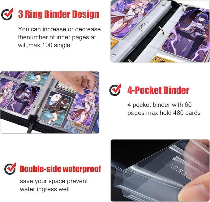 Card Binder for Cards,4 Pocket with 50 Sleeves up to 400 Cards,Waterproof Card Storage Bag with Removable Sleeves for Games and TCG Cards