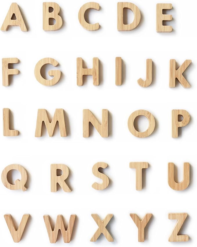 Wee Gallery Bamboo Alphabet, Natural Wood Blocks, Sensory Learning Toy, Wooden Alphabet Toys, 26 Large Letters for Toddler, Preschool Age Kids, Boy or Girl, Learn to Read, Trace, and Sort Pieces
