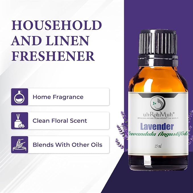 Organic Lavender Essential Oil - Steam Distilled Lavandula Angustifolia, Flower Oil, Premium Floral Aroma Middle Note Oil for Aromatherapy, Skincare, Haircare and DIY Cosmetic Formulations - 15 ml