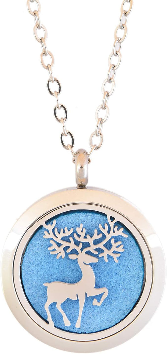 Aromatherapy Essential Oil Diffuser Stainless Steel 30MM Silver Magnetic Locket Pendant 2 Sizes Chain Necklace, Refill Pads & Diffuser Bracelet in a Velvet Bag (Prancing Winter elk)