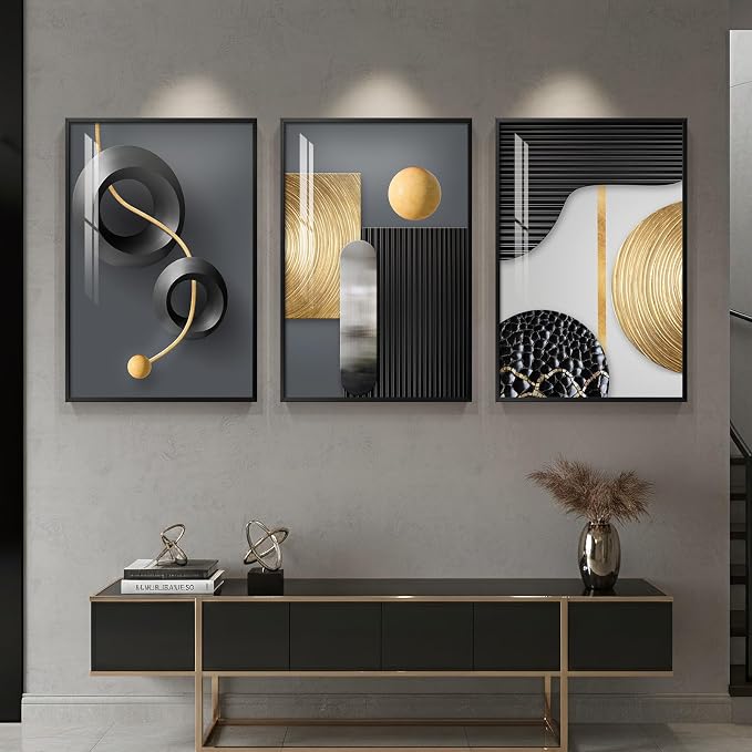 Large Framed Modern Elegant Wall Art for Living Room, 3 Piece 24x36 In | Black gold luxuery wall prints, Abstract geometric paintings, Crystal wall art for bedroom dining room office hallway
