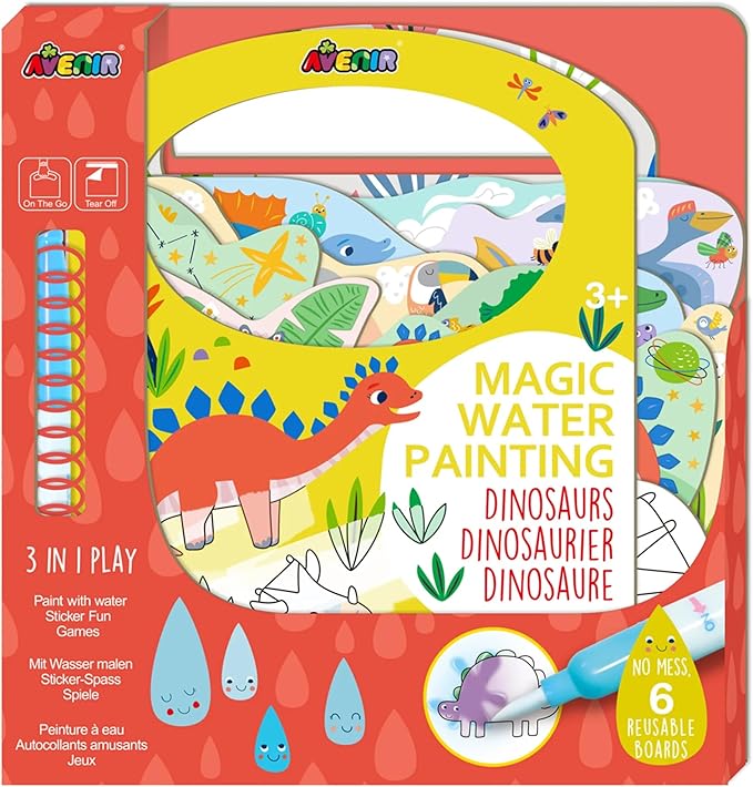 Avenir Reusable Water Coloring Book for Toddlers 3-5 Years, Road Trip & Airplane Mess-Free Portable Educational 4 in 1 Creative Set Water-Reveal Paint Activity Doodle Pad Kids Art Crafts