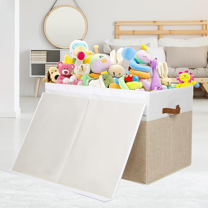 Large Toy Storage Box with Lid, Toy Chest Bin Boxes Basket with Dividers | Sturdy Toy Organizer Bin for Kids, Boys, Girls, Nursery, Living Room, Bedroom, Playroom 26"x17" x17"(Beige and White)