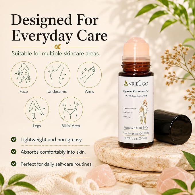 Cyperus Rotundus Oil Roll On for Hair Removal Aftercare, Rose Quartz Roller Botanical After Shave Oil Blend with Argan, Jojoba, Calendula, Lightweight Skin Care for Face & Body, 1.69 Fl Oz