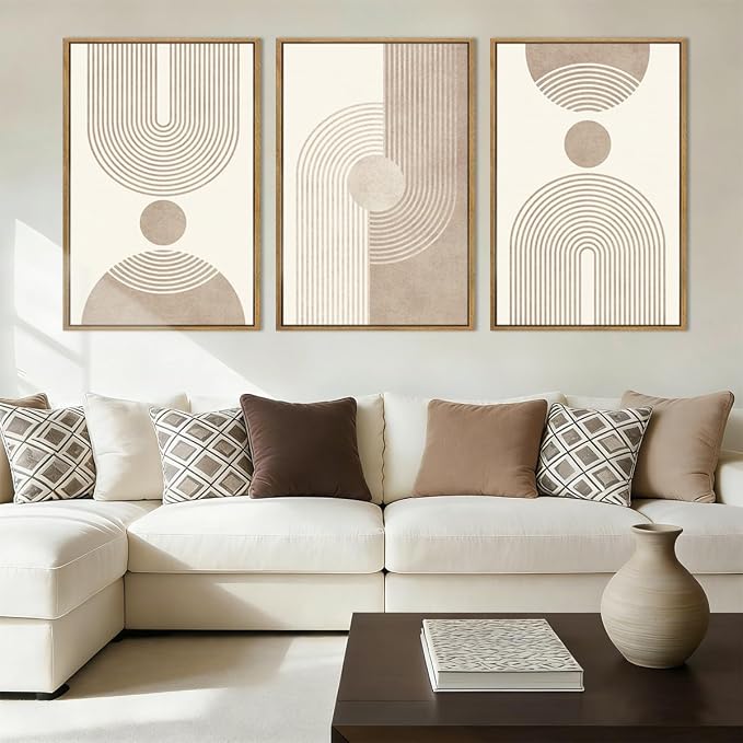 BINCUE Beige Neutral Canvas Wall Art Framed Geometric Abstract Wall Decor Mid Century Modern Artwork Wall Decor for Living Room Bedroom Office 16"x24" Set 3 Gift
