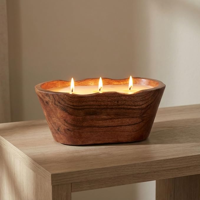 Oval Wood Bowl with Vanilla Scented Candle for Men or Women - Decorative Small Accent for Indoor and Outdoor Areas - Small Pillar or Votive Candle for Living Room, Bedroom, or Bathroom - 4", Brown