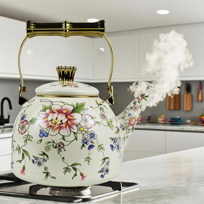 Vintage Enamel Tea Kettle Rose Floral Pattern Stovetop Teapot with Gold Handle, 2.5L Enamel Kettle Kitchen Decor, Ideal Gift for Housewarming Camping Coffee Pot