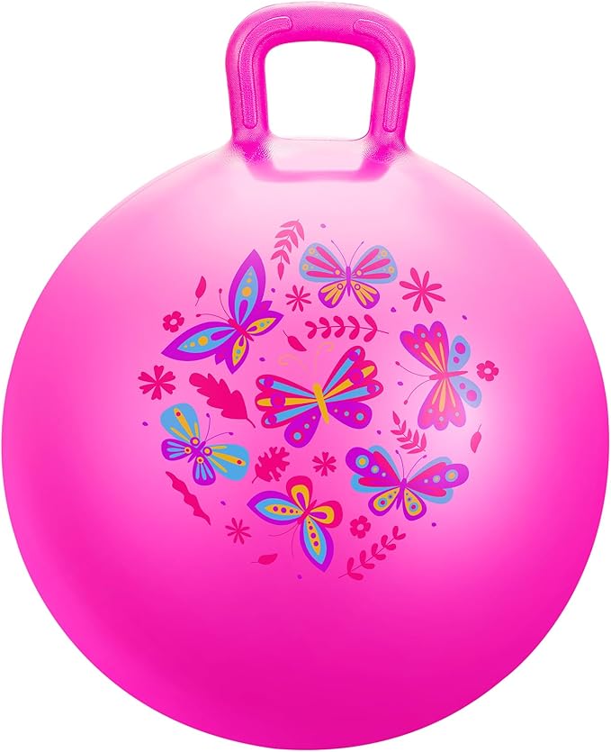 PlayZap Hopper Ball for Kids 6-12,20 Inch Pink Bouncy Ball with Handle, Inflatable Hippity Hop Bounce Hopping Toys Indoor Outdoor for Boys Girls Gifts, Butterfly