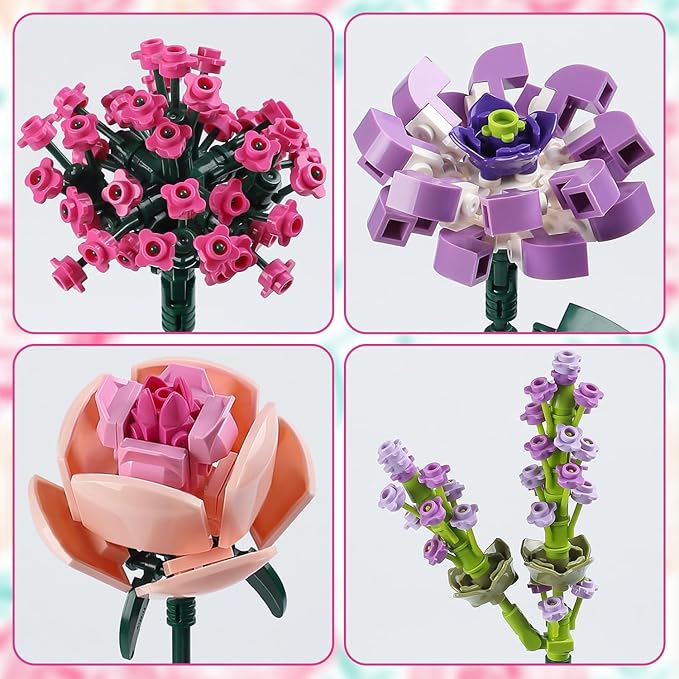 Flower Bouquet Building Blocks Pink Rose Botanical Collection Bricks Sets Creative Toys Kits Mother's Day Birthday for Adults Mom Girlfriends Old Kids 8-12, 6-12 (413PCS)