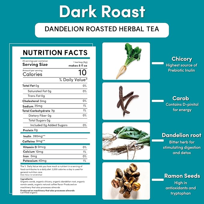 Teeccino Dark Roast Dandelion Tea - Rich & Roasted Herbal Tea That’s Caffeine Free & Prebiotic with Detoxifying Dandelion Root, 25 Tea Bags (Pack of 3)